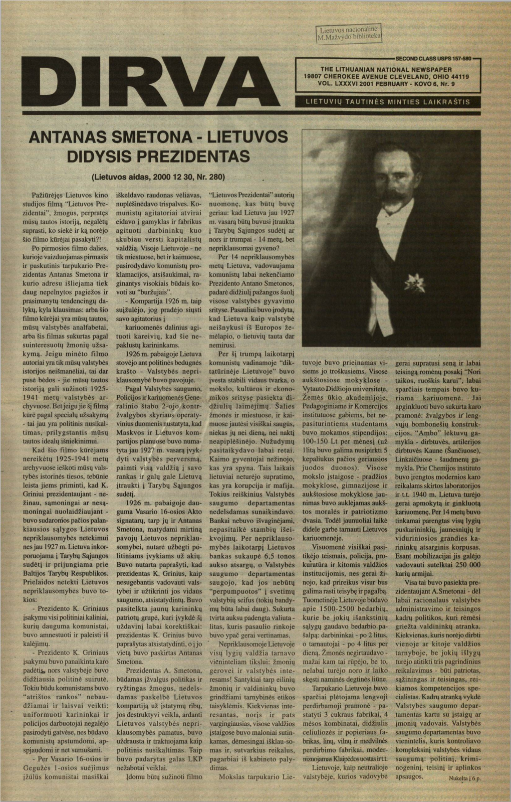 ANTANAS SMETONA - LIETUVOS DIDYSIS PREZIDENTAS (Lietuvos Aidas, 2000 12 30, Nr