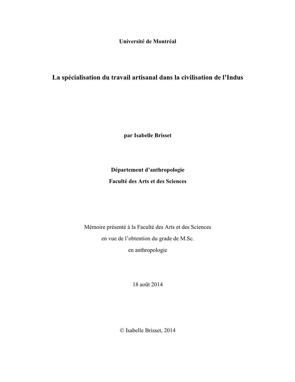 La Spécialisation Du Travail Artisanal Dans La Civilisation De L'indus