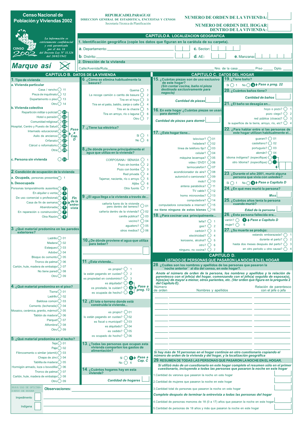 Paraguay 2002 Census Enumeration Form