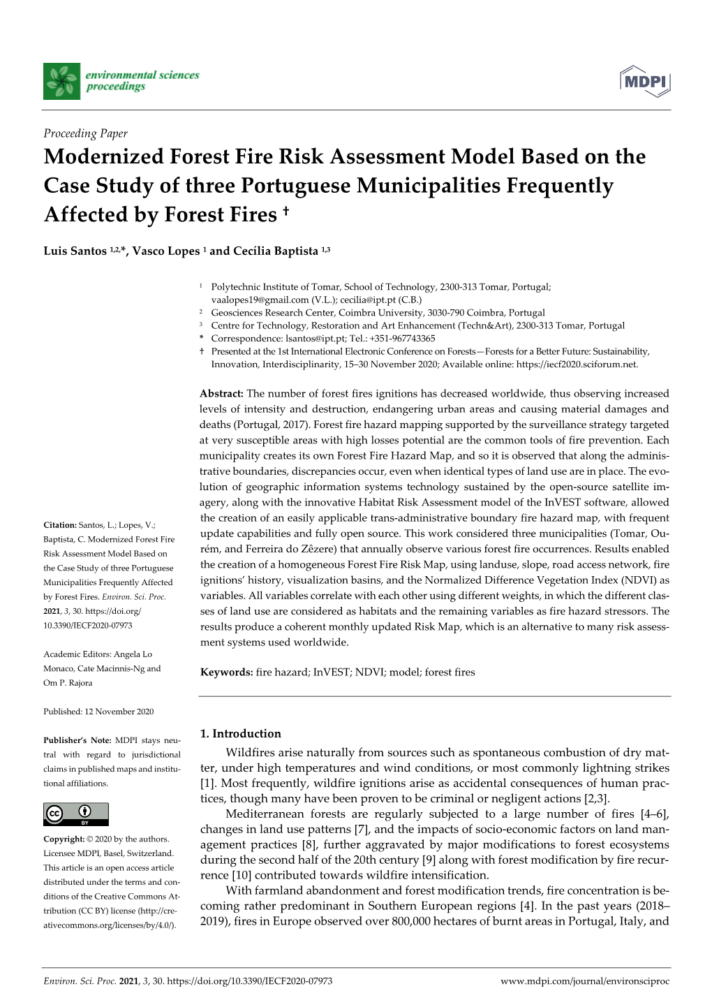 Modernized Forest Fire Risk Assessment Model Based on the Case Study of Three Portuguese Municipalities Frequently Affected by Forest Fires †