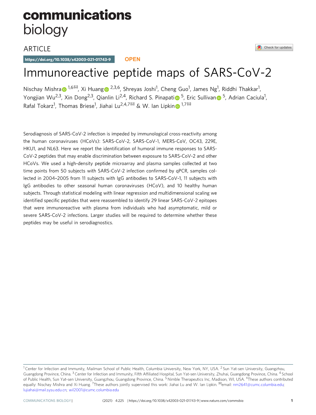 Immunoreactive Peptide Maps of SARS-Cov-2