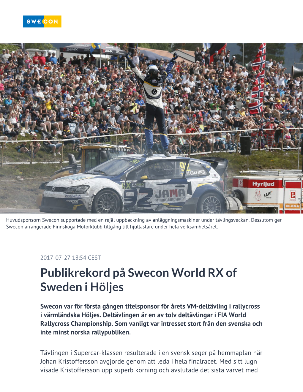 Publikrekord På Swecon World RX of Sweden I Höljes