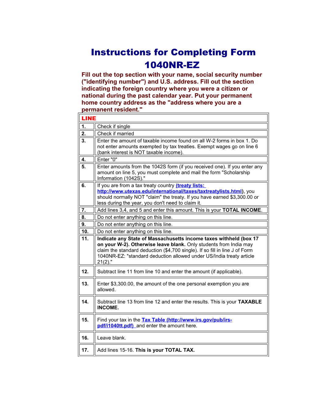 Instructions for Completing Form 1040NR-EZ