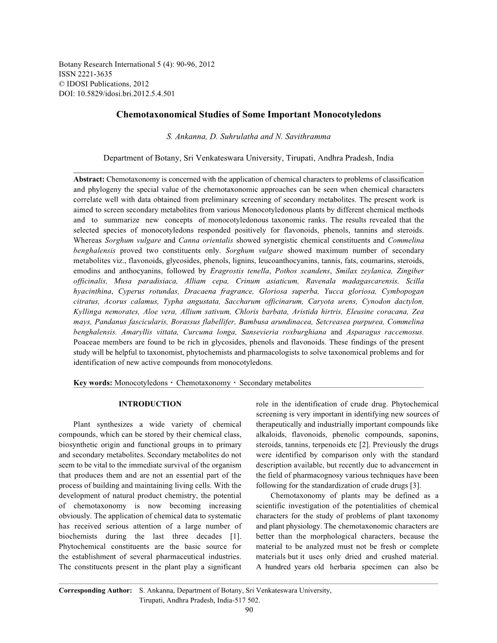 Chemotaxonomical Studies of Some Important Monocotyledons