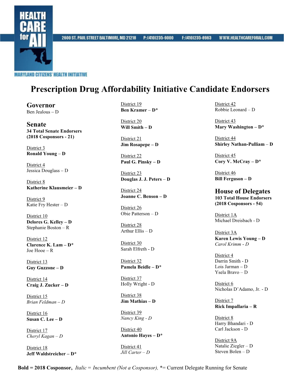 Prescription Drug Affordability Initiative Candidate Endorsers