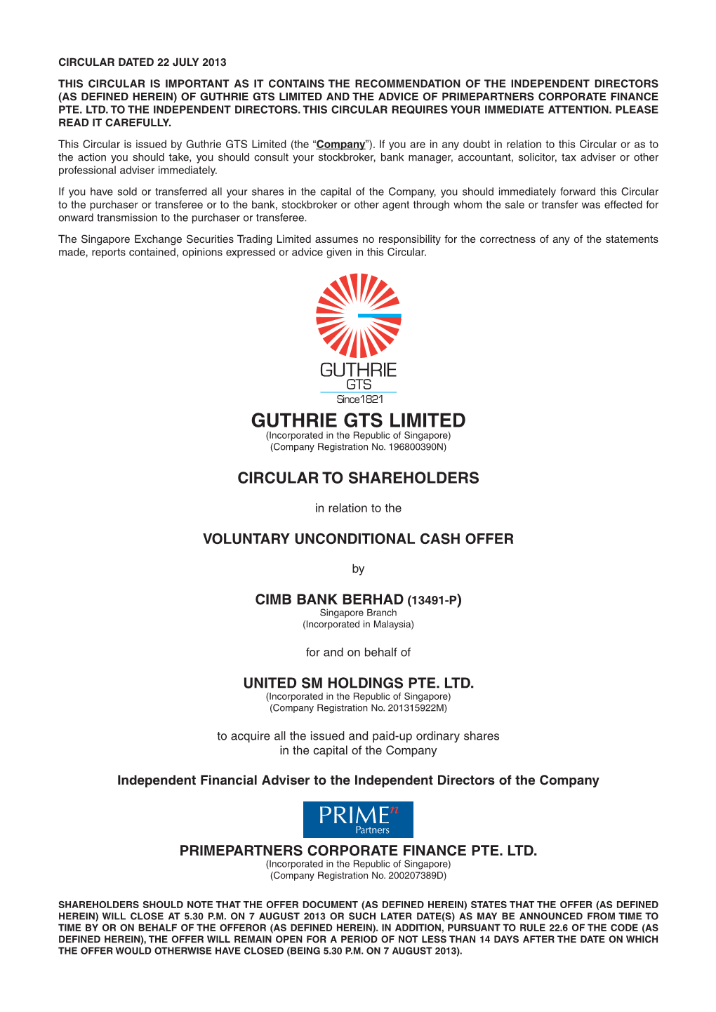 Guthrie Gts Limited and the Advice of Primepartners Corporate Finance Pte