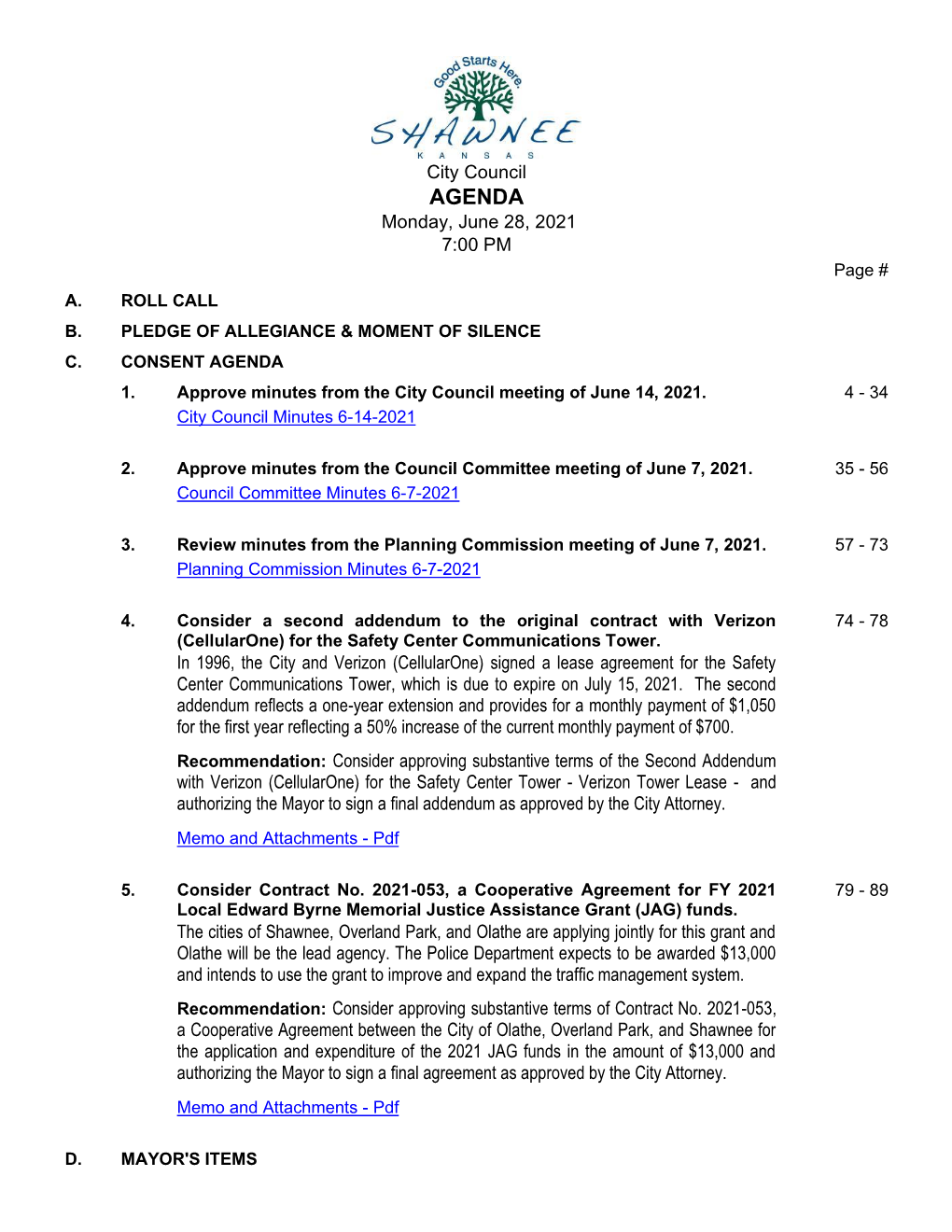 City Council AGENDA Monday, June 28, 2021 7:00 PM Page