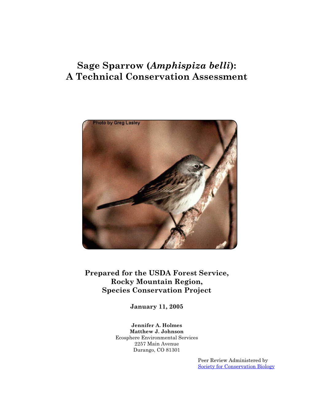 Sage Sparrow (Amphispiza Belli): a Technical Conservation Assessment