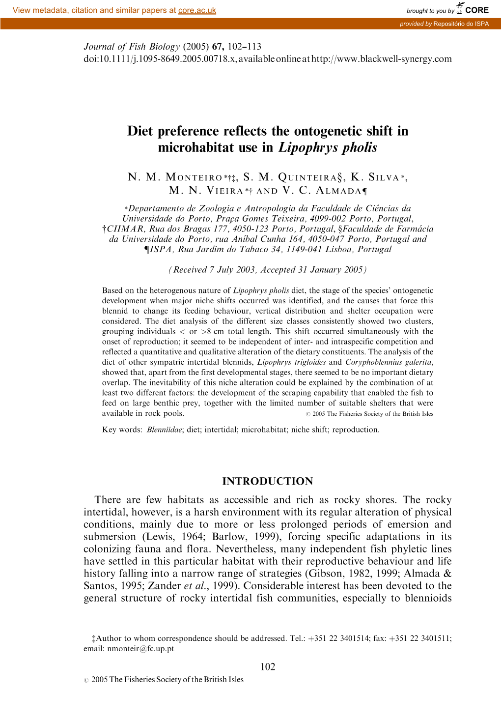 Diet Preference Reflects the Ontogenetic Shift in Microhabitat Use in Lipophrys Pholis