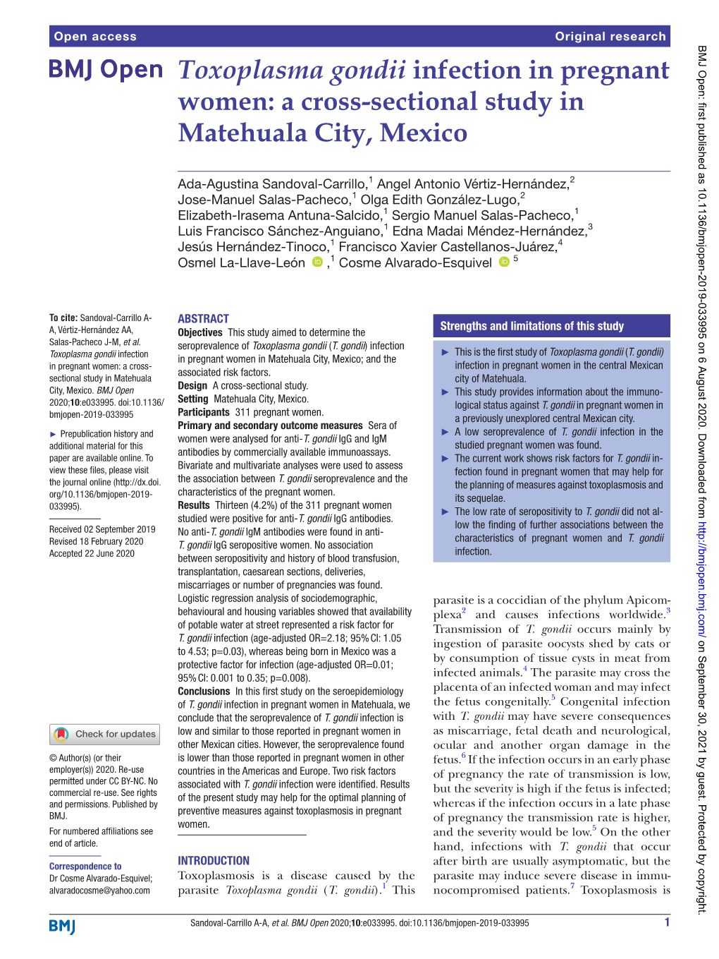 Toxoplasma Gondii Infection in Pregnant Women: a Cross-­Sectional Study in Matehuala City, Mexico