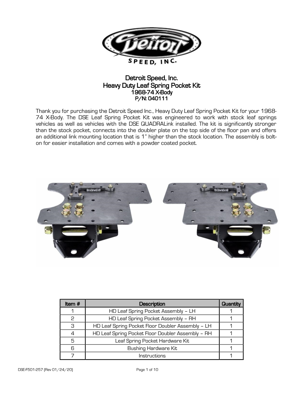 Detroit Speed, Inc. Heavy Duty Leaf Spring Pocket Kit 1968-74 X-Body P/N: 040111