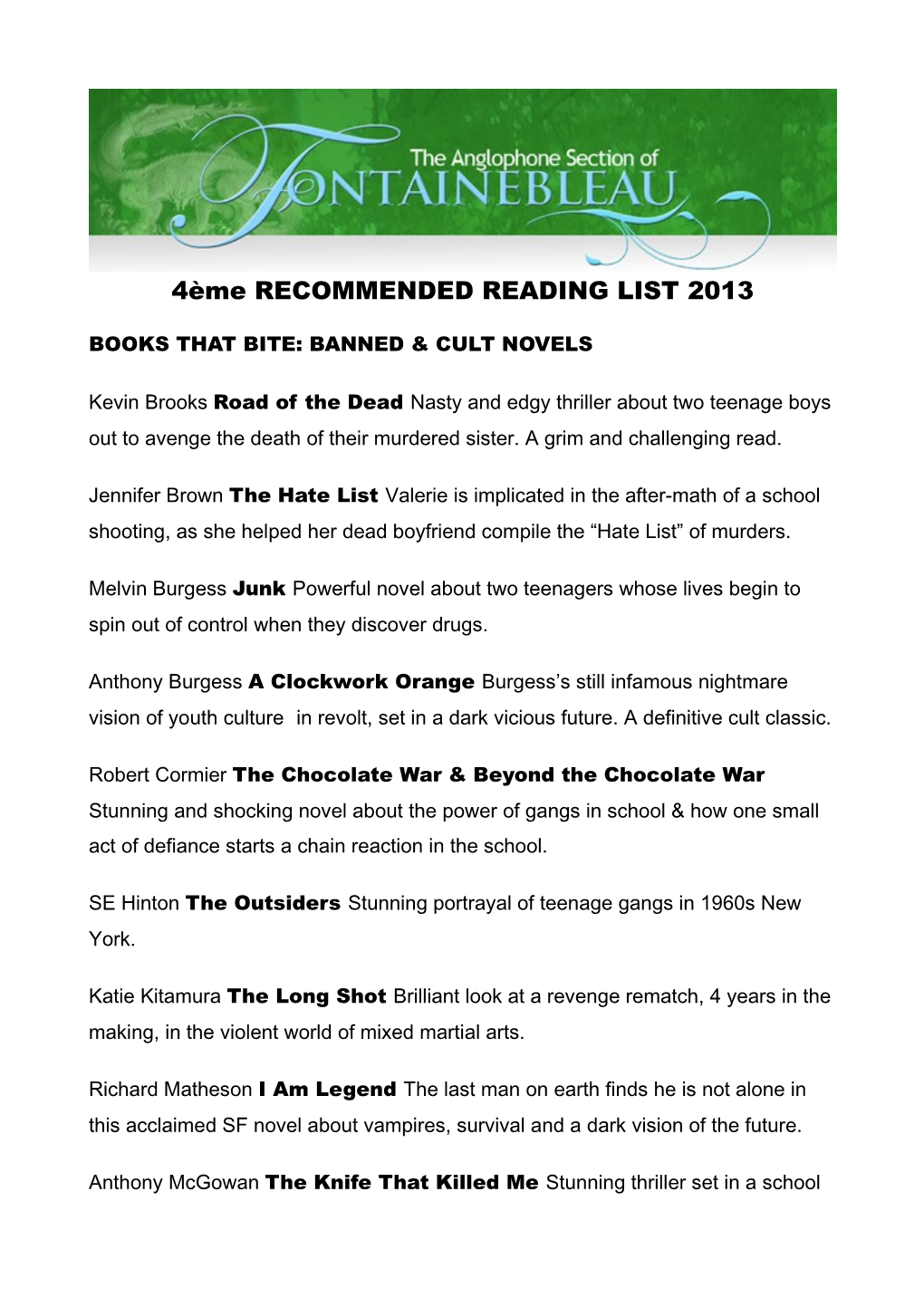 4Ème RECOMMENDED READING LIST 2013