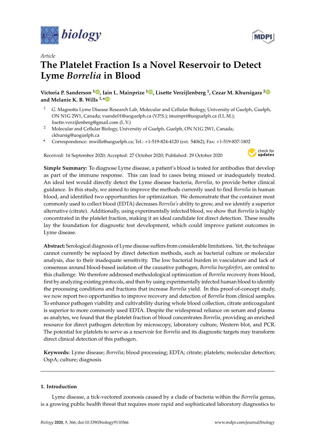 The Platelet Fraction Is a Novel Reservoir to Detect Lyme Borrelia in Blood