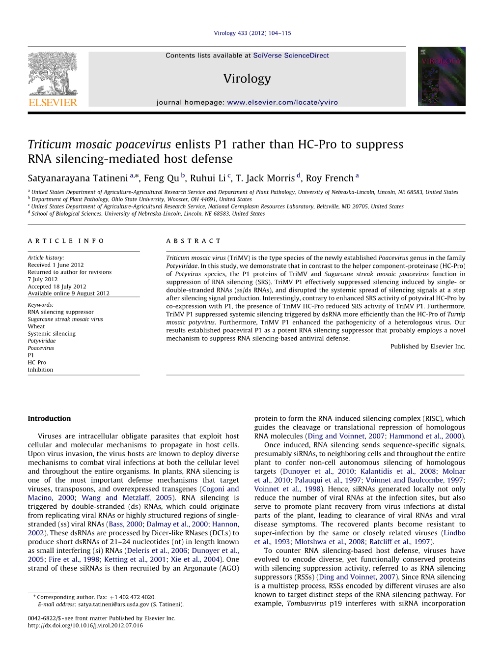 Triticum Mosaic Poacevirus Enlists P1 Rather Than HC-Pro to Suppress RNA Silencing-Mediated Host Defense