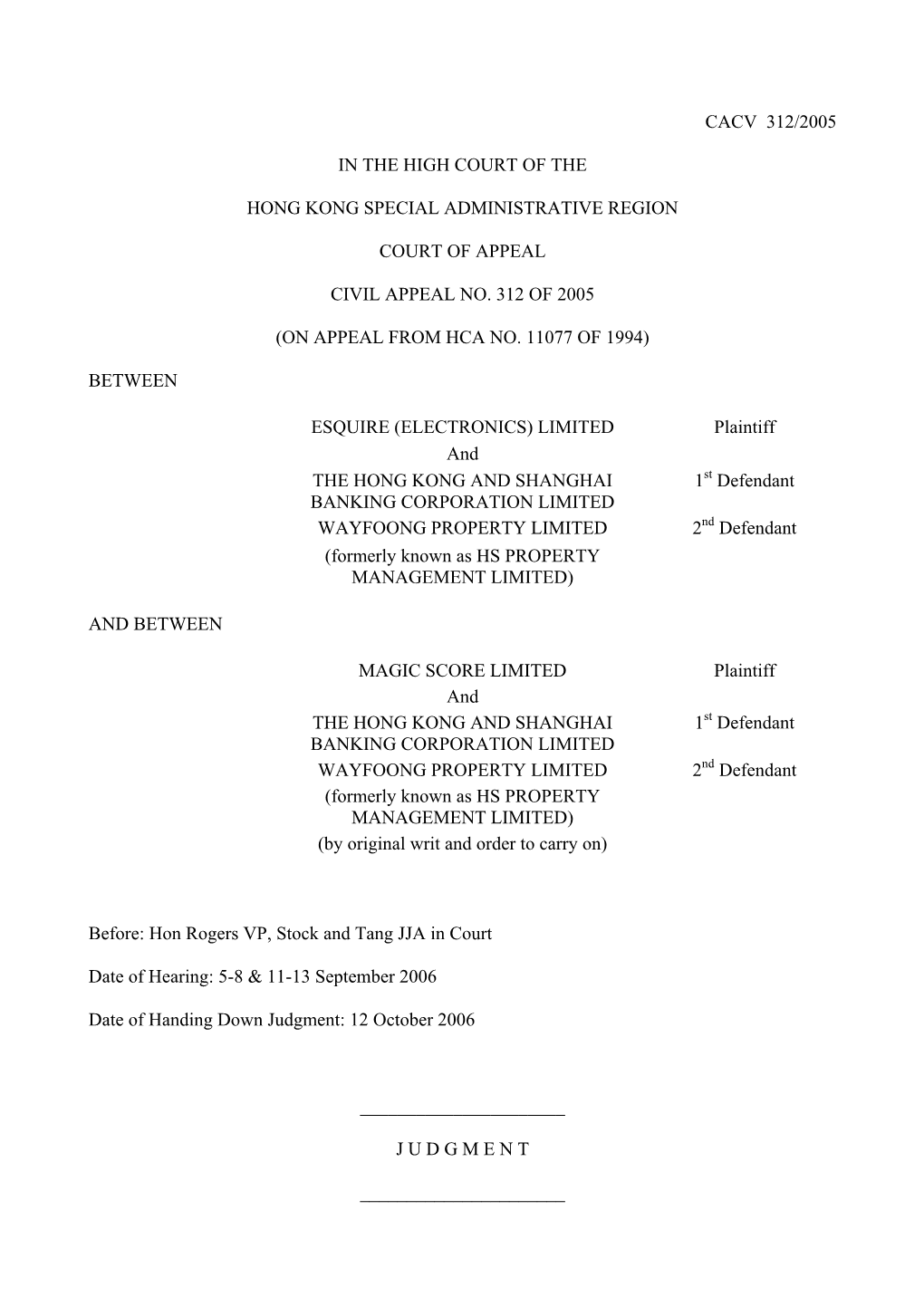 Cacv 312/2005 in the High Court of the Hong Kong Special Administrative Region Court of Appeal Civil Appeal No. 312 of 2005