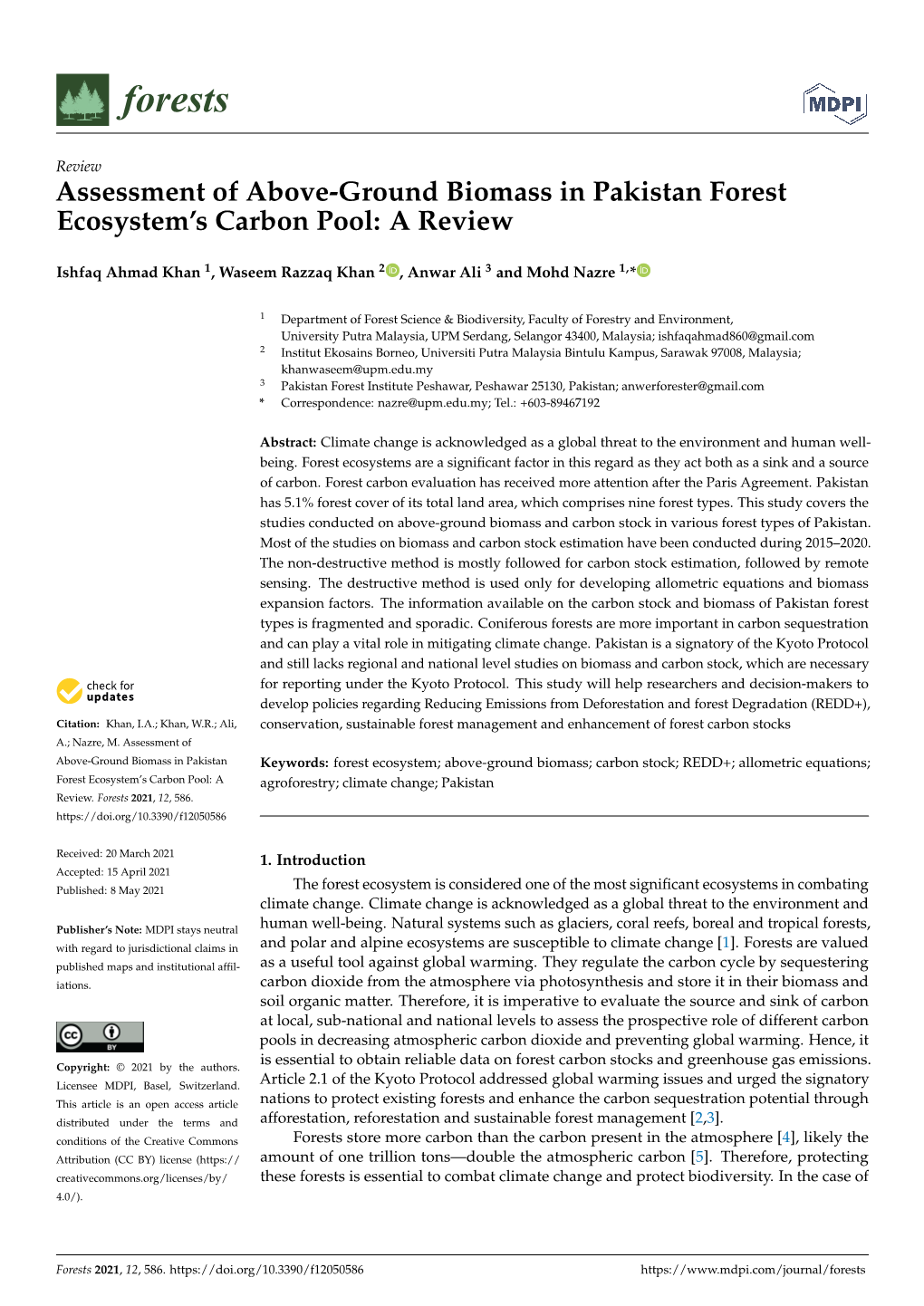 Assessment of Above-Ground Biomass in Pakistan Forest Ecosystem’S Carbon Pool: a Review