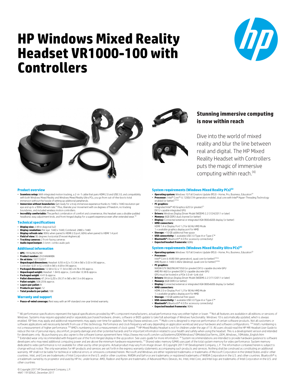 HP Windows Mixed Reality Headset VR1000-100 with Controllers