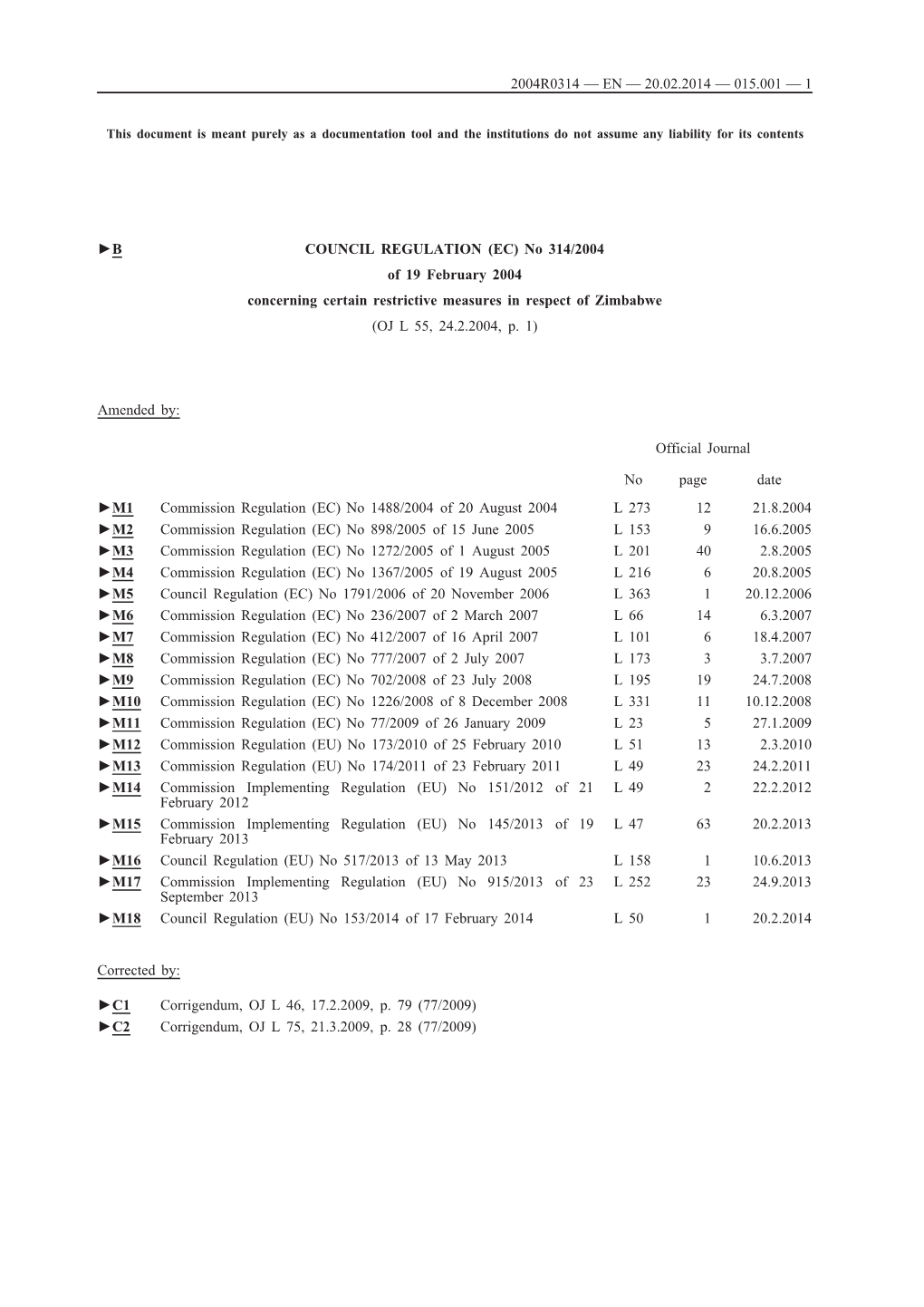 B COUNCIL REGULATION (EC) No 314/2004 of 19 February 2004 Concerning Certain Restrictive Measures in Respect of Zimbabwe (OJ L 55, 24.2.2004, P