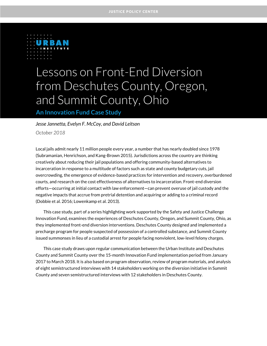 Lessons on Front-End Diversion from Deschutes County, Oregon, and Summit County, Ohio an Innovation Fund Case Study