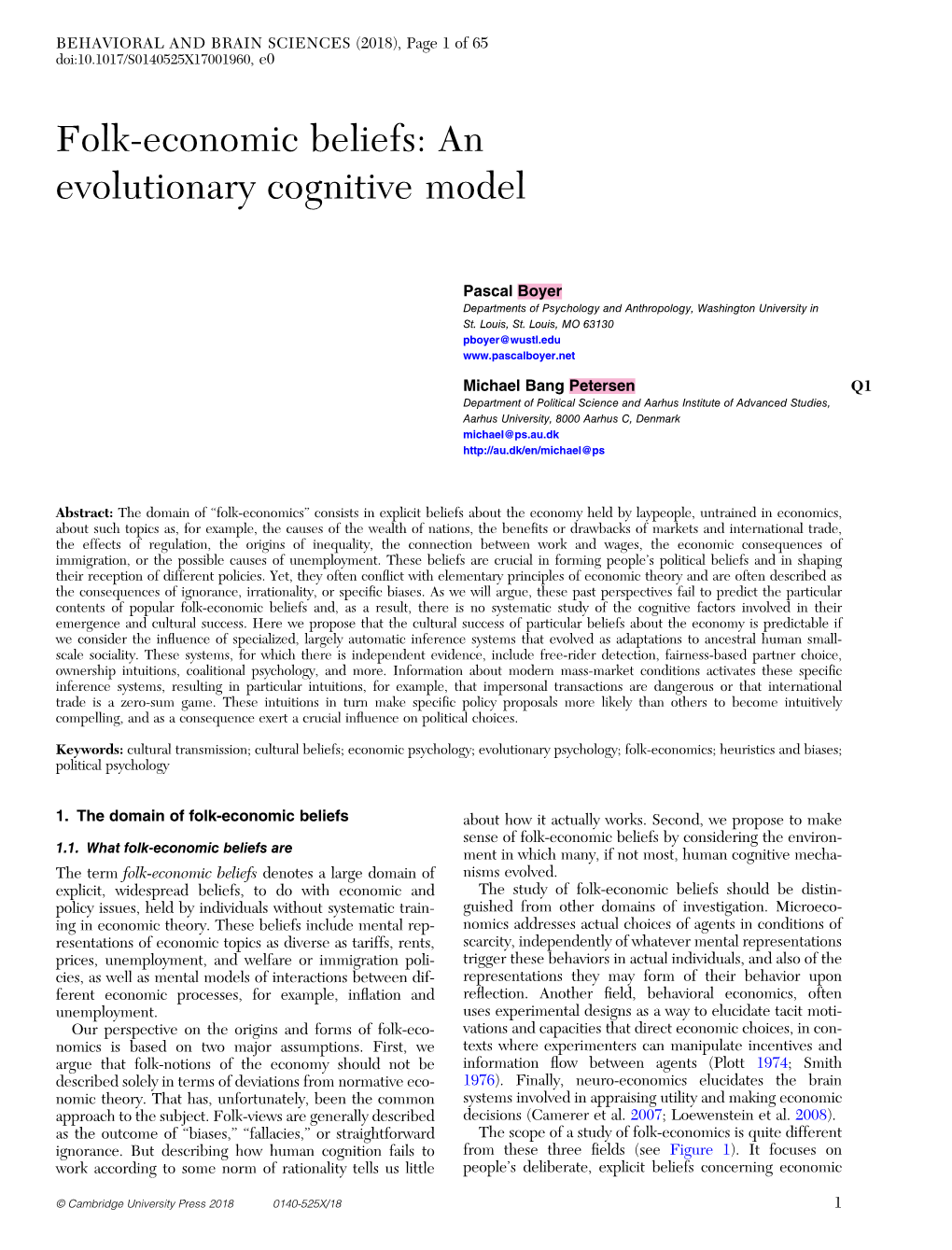 Folk-Economic Beliefs: an Evolutionary Cognitive Model