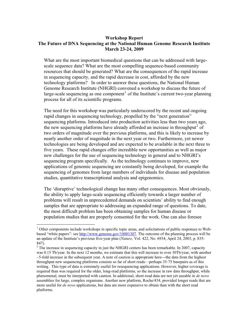 Workshop Report: the Future of DNA Sequencing at the National Human