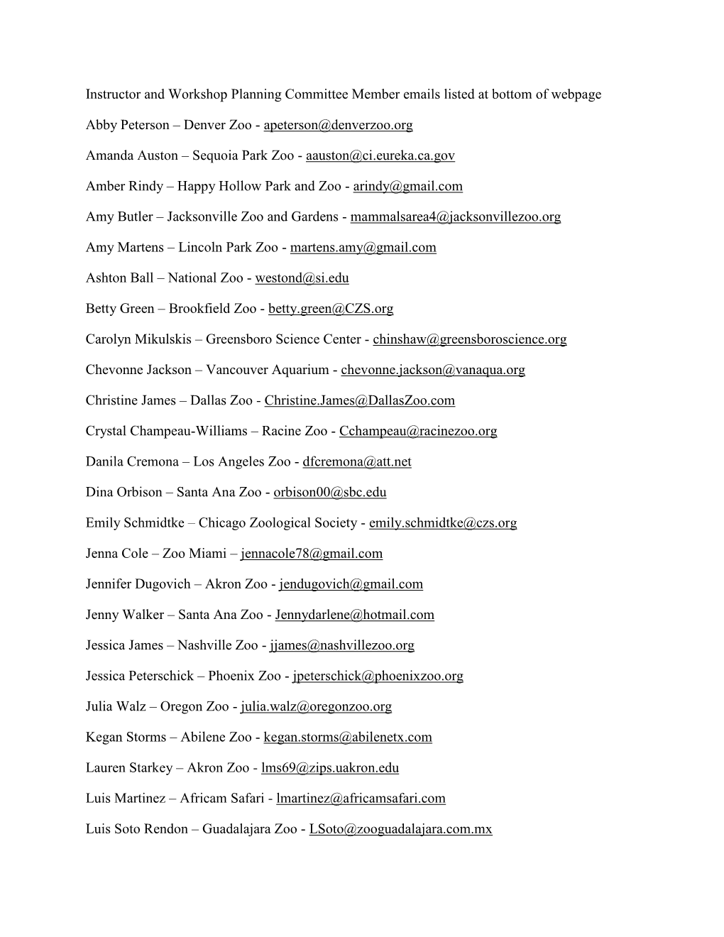 Instructor and Workshop Planning Committee Member Emails Listed at Bottom of Webpage