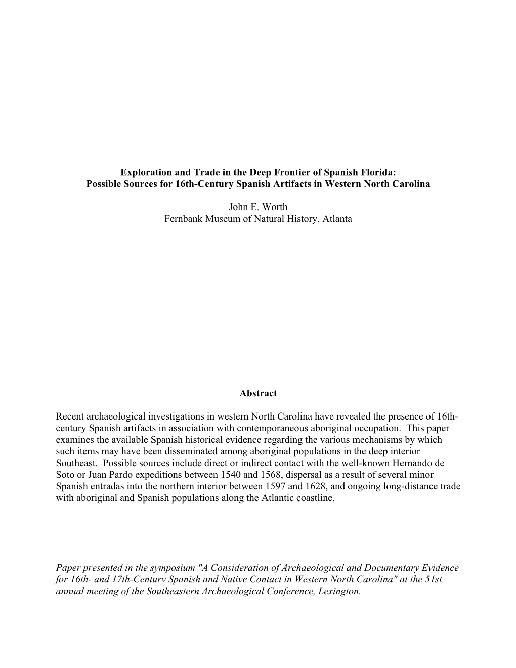 Exploration and Trade in the Deep Frontier of Spanish Florida: Possible Sources for 16Th-Century Spanish Artifacts in Western North Carolina