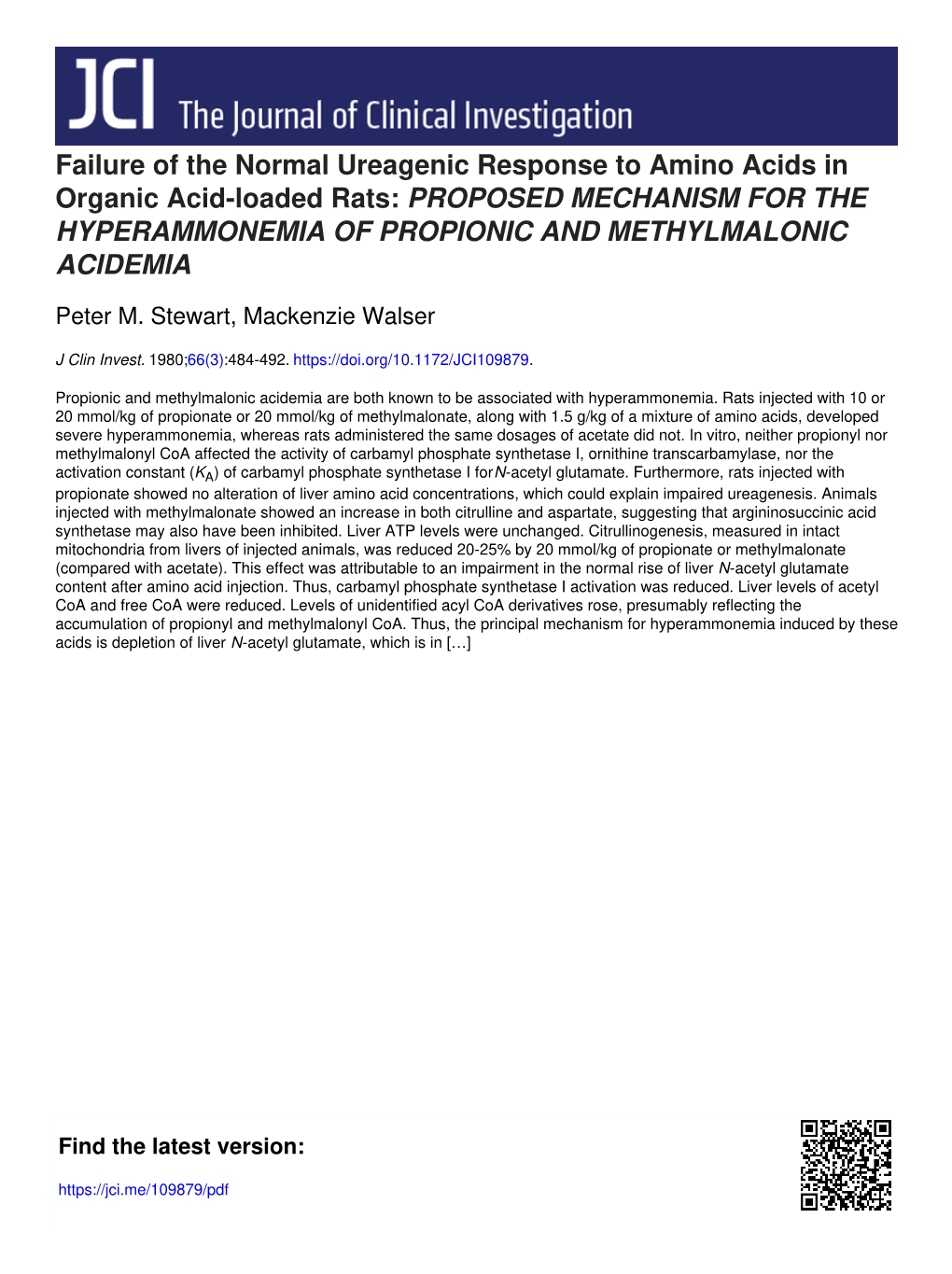 Failure of the Normal Ureagenic Response to Amino Acids in Organic Acid-Loaded Rats: PROPOSED MECHANISM for the HYPERAMMONEMIA of PROPIONIC and METHYLMALONIC ACIDEMIA
