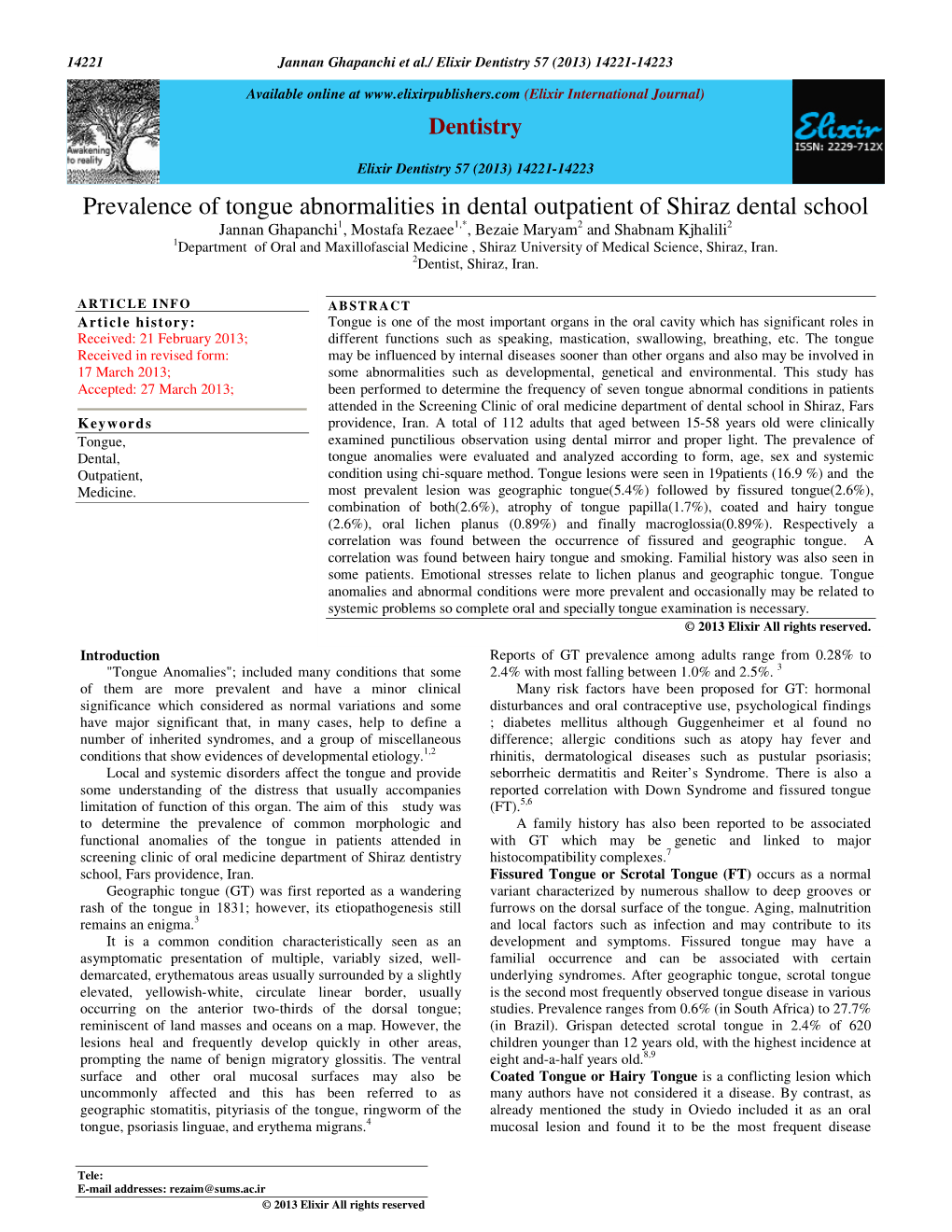 Prevalence of Tongue Abnormalities in Dental Outpatient of Shiraz Dental