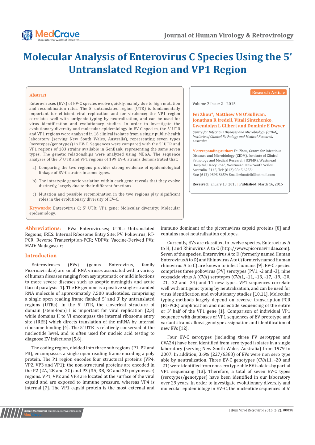 Molecular Analysis of Enterovirus C Species Using the 5' Untranslated Region and VP1 Region