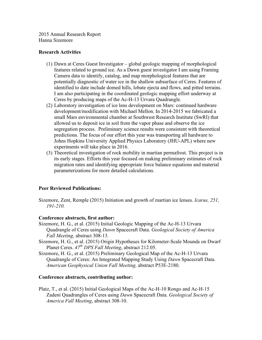 2015 Annual Research Report Hanna Sizemore Research Activities (1