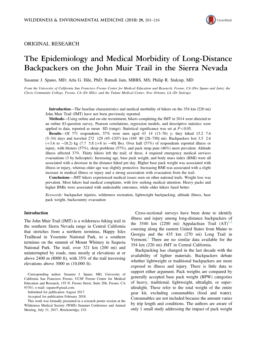 The Epidemiology and Medical Morbidity of Long-Distance Backpackers on the John Muir Trail in the Sierra Nevada