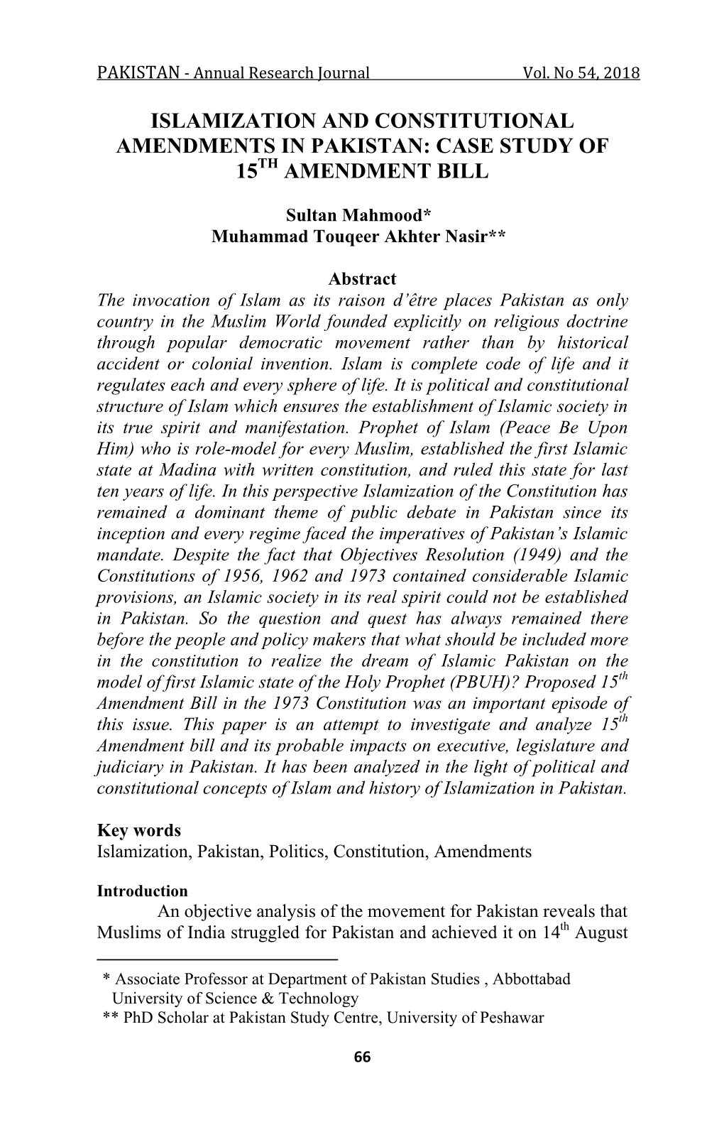 Islamization and Constitutional Amendments in Pakistan: Case Study of 15Th Amendment Bill