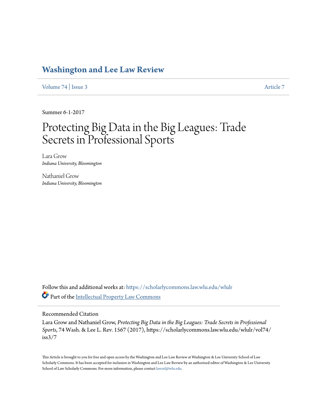 Trade Secrets in Professional Sports Lara Grow Indiana University, Bloomington