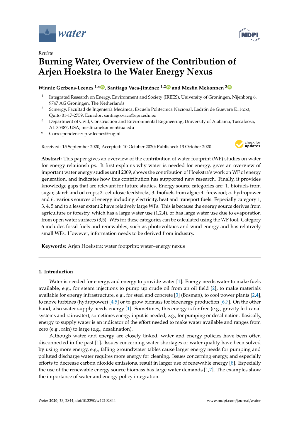 Burning Water, Overview of the Contribution of Arjen Hoekstra to the Water Energy Nexus