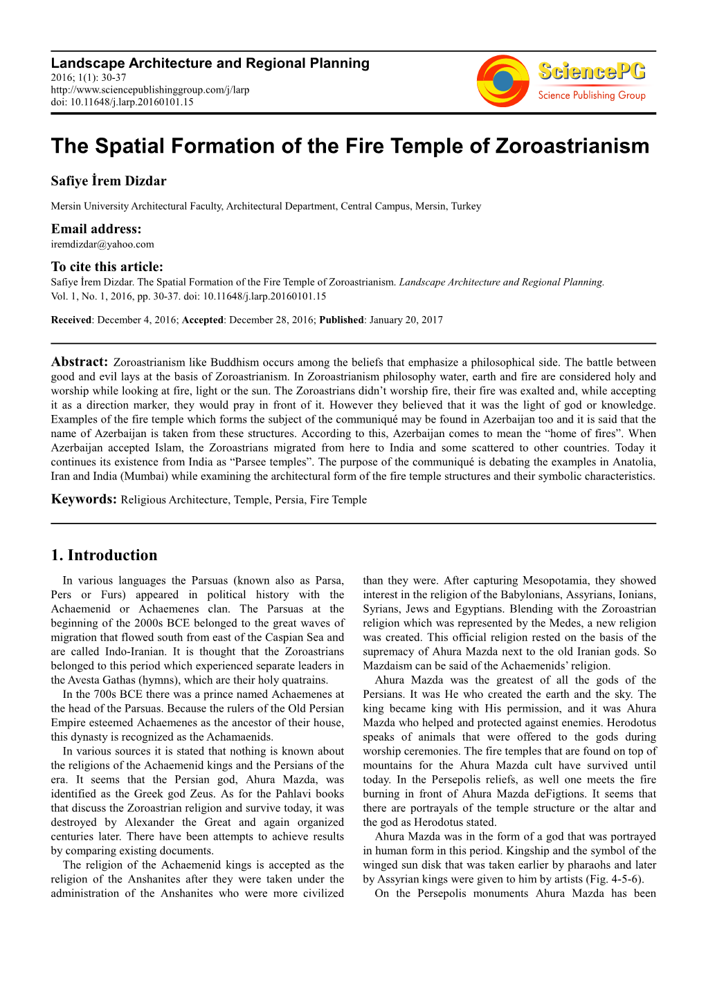 The Spatial Formation of the Fire Temple of Zoroastrianism