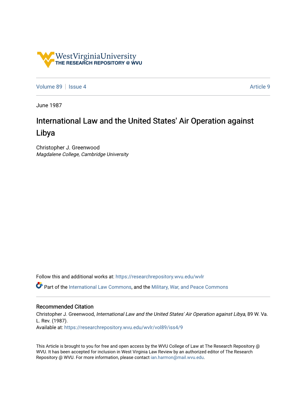 International Law and the United States' Air Operation Against Libya