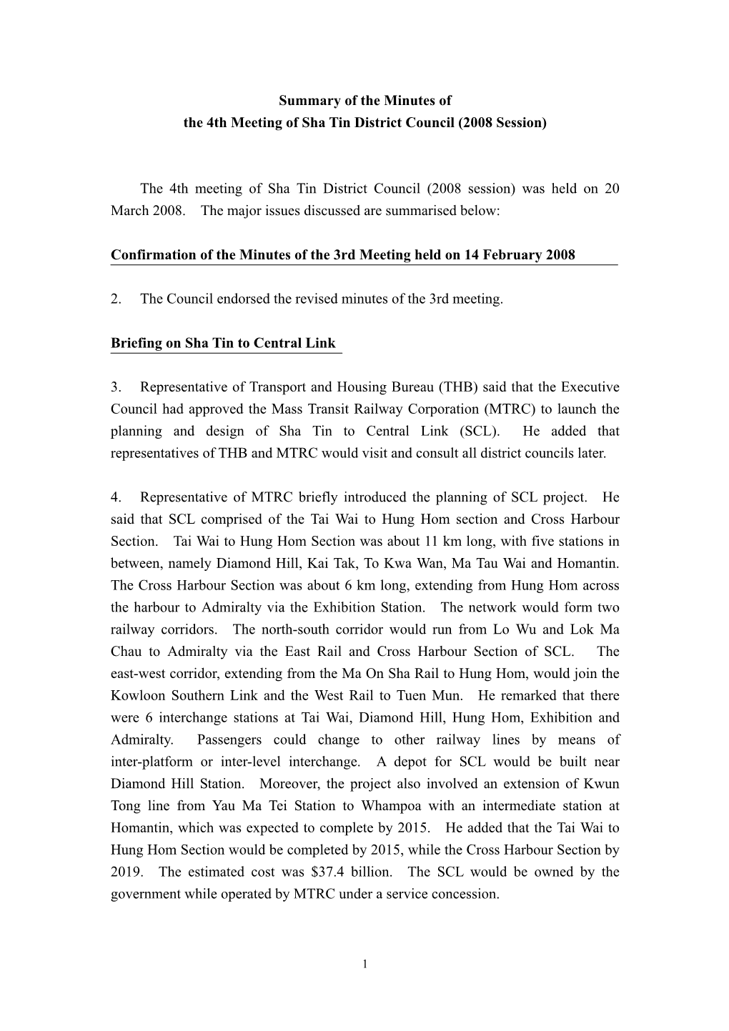 Summary of the Minutes of the 4Th Meeting of Sha Tin District Council (2008 Session)