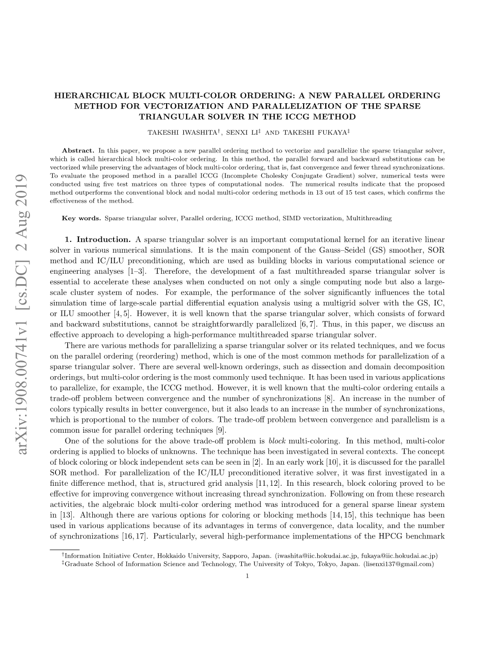 Arxiv:1908.00741V1 [Cs.DC] 2 Aug 2019 Ordering Is Applied to Blocks of Unknowns