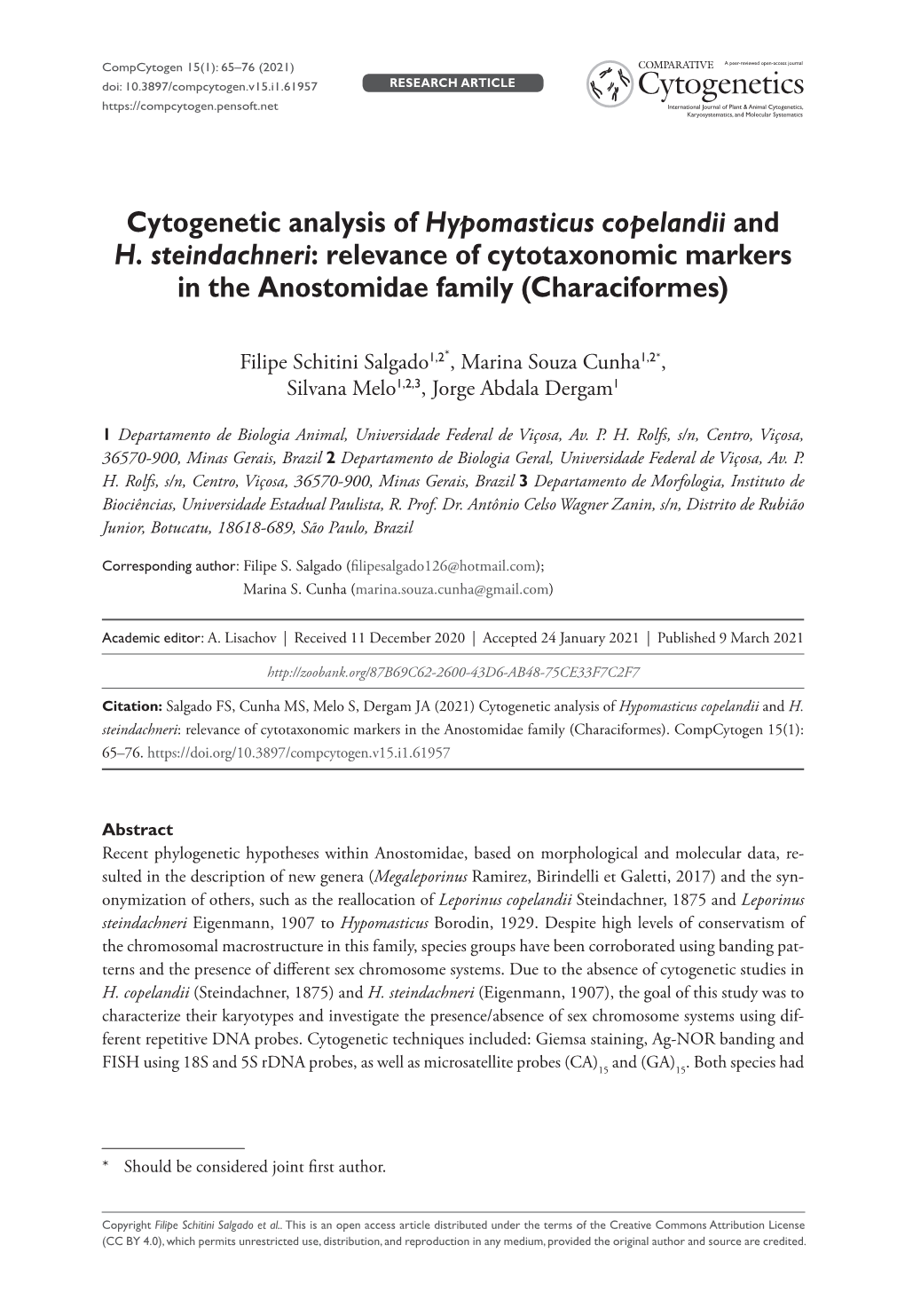 Cytogenetic Analysis of Hypomasticus Copelandii and H. Steindachneri: Relevance of Cytotaxonomic Markers in the Anostomidae Family (Characiformes)