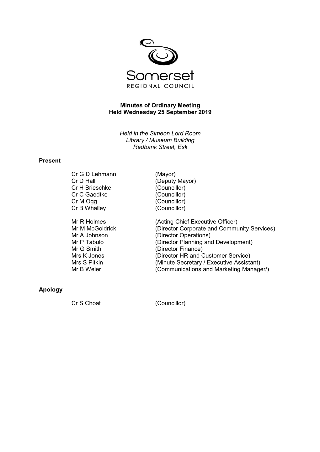 Minutes of Ordinary Meeting Held Wednesday 25 September 2019