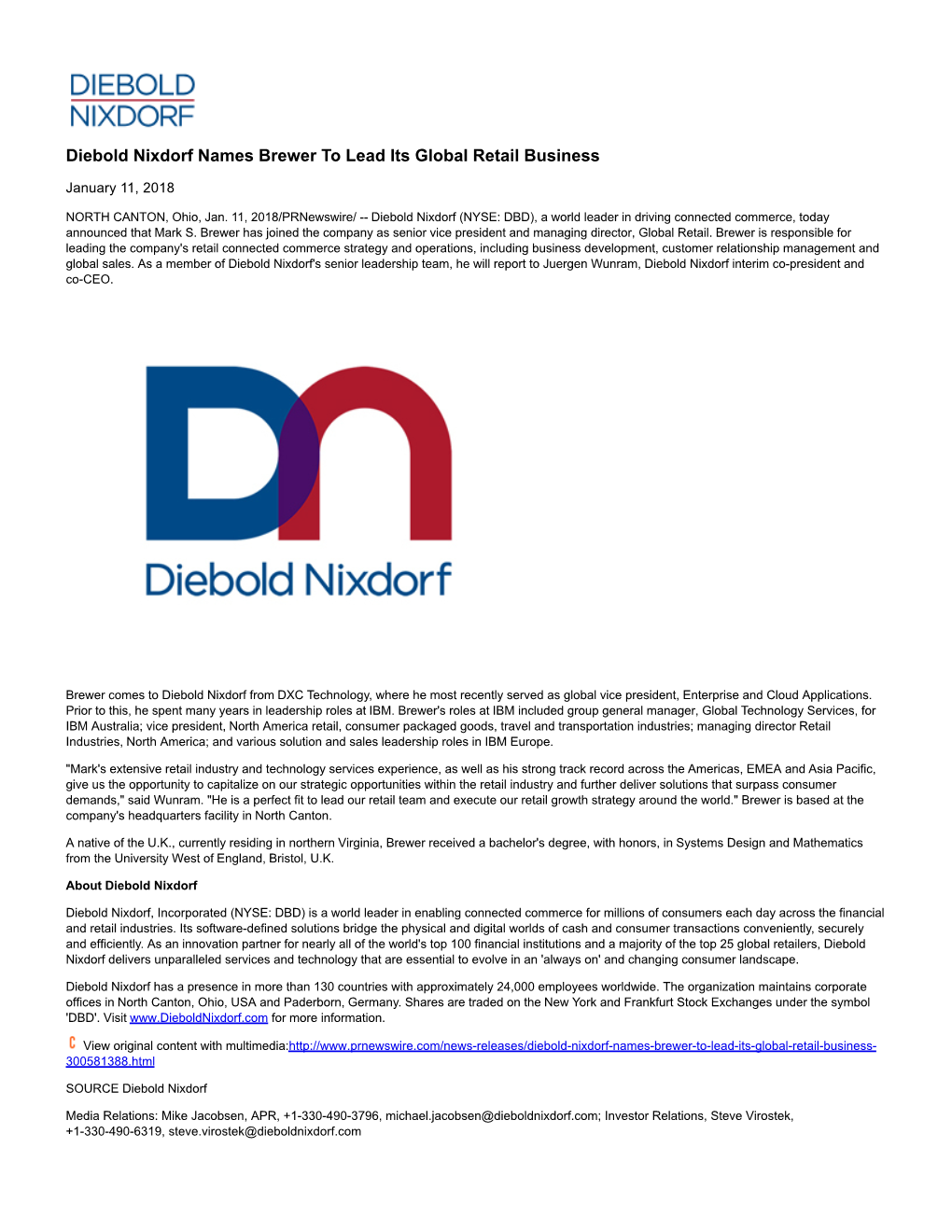 Diebold Nixdorf Names Brewer to Lead Its Global Retail Business