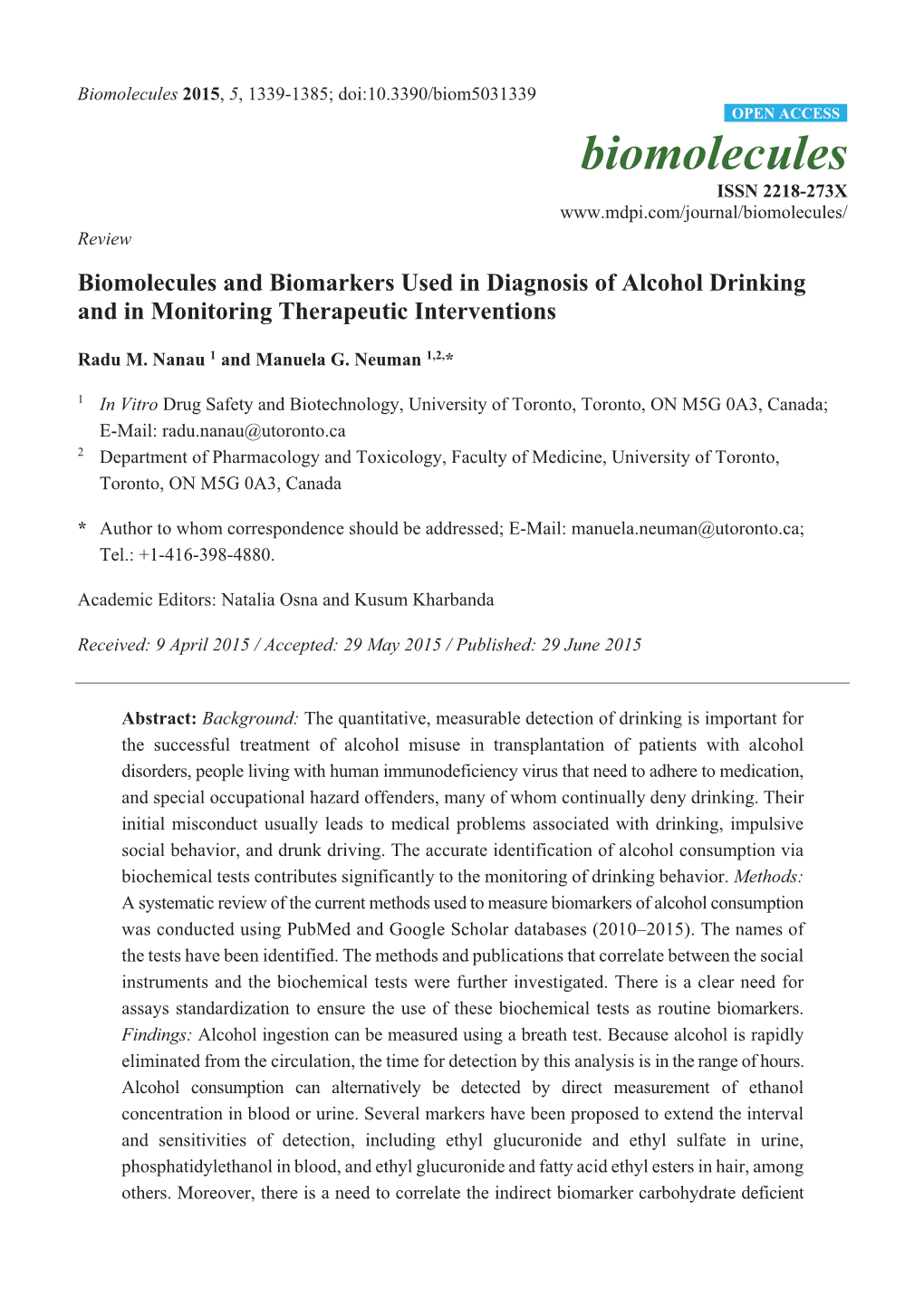 Biomolecules and Biomarkers Used in Diagnosis of Alcohol Drinking and in Monitoring Therapeutic Interventions