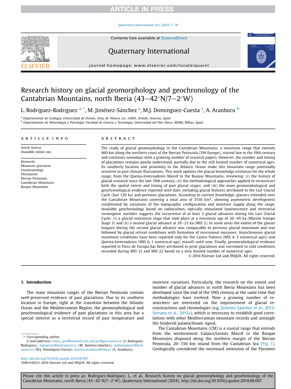 Research History on Glacial Geomorphology and Geochronology of the Cantabrian Mountains, North Iberia (43E42N/7E2W)