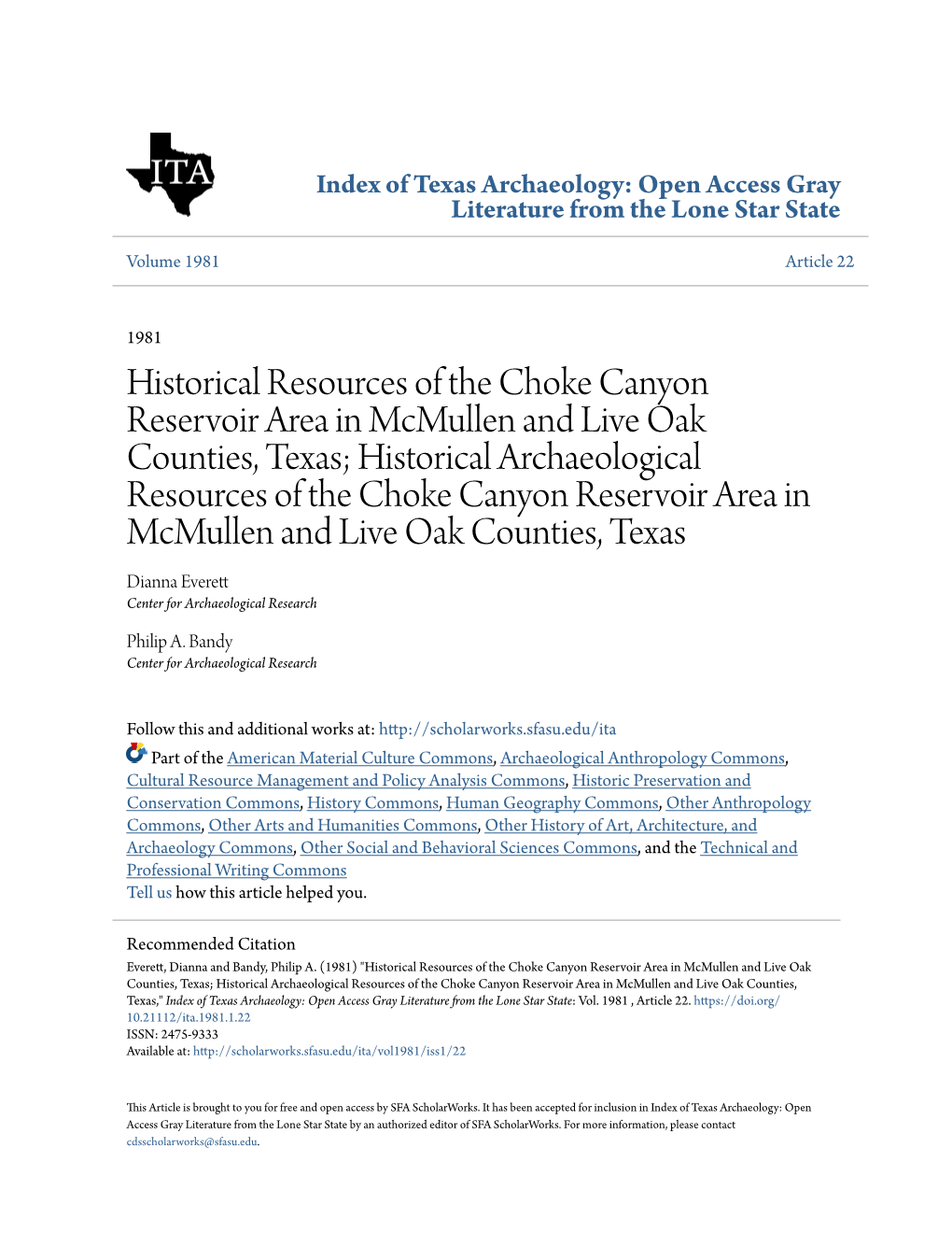 Historical Resources of the Choke Canyon Reservoir Area In