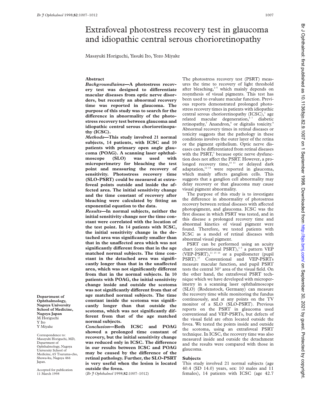 Extrafoveal Photostress Recovery Test in Glaucoma and Idiopathic Central Serous Chorioretinopathy