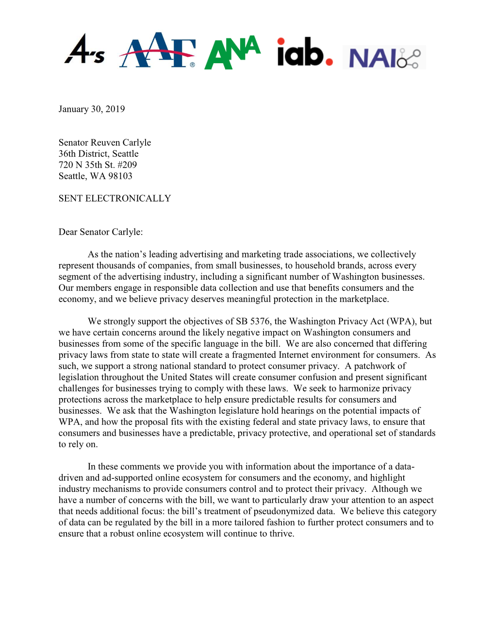 January 30, 2019 Senator Reuven Carlyle 36Th District, Seattle 720 N