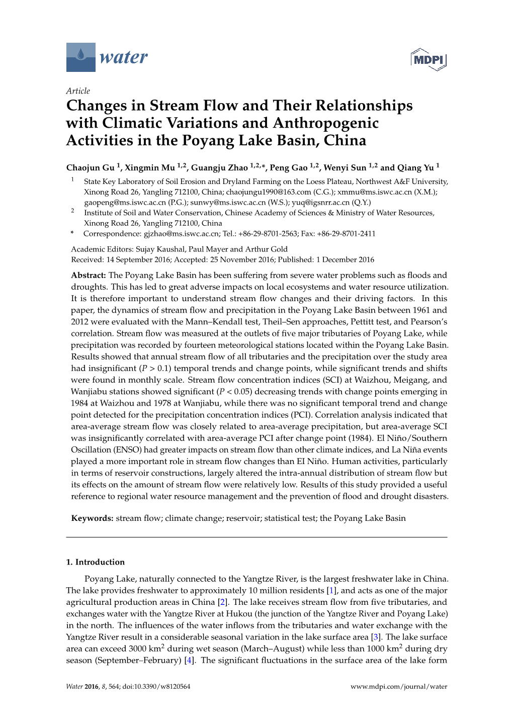 Changes in Stream Flow and Their Relationships with Climatic Variations and Anthropogenic Activities in the Poyang Lake Basin, China