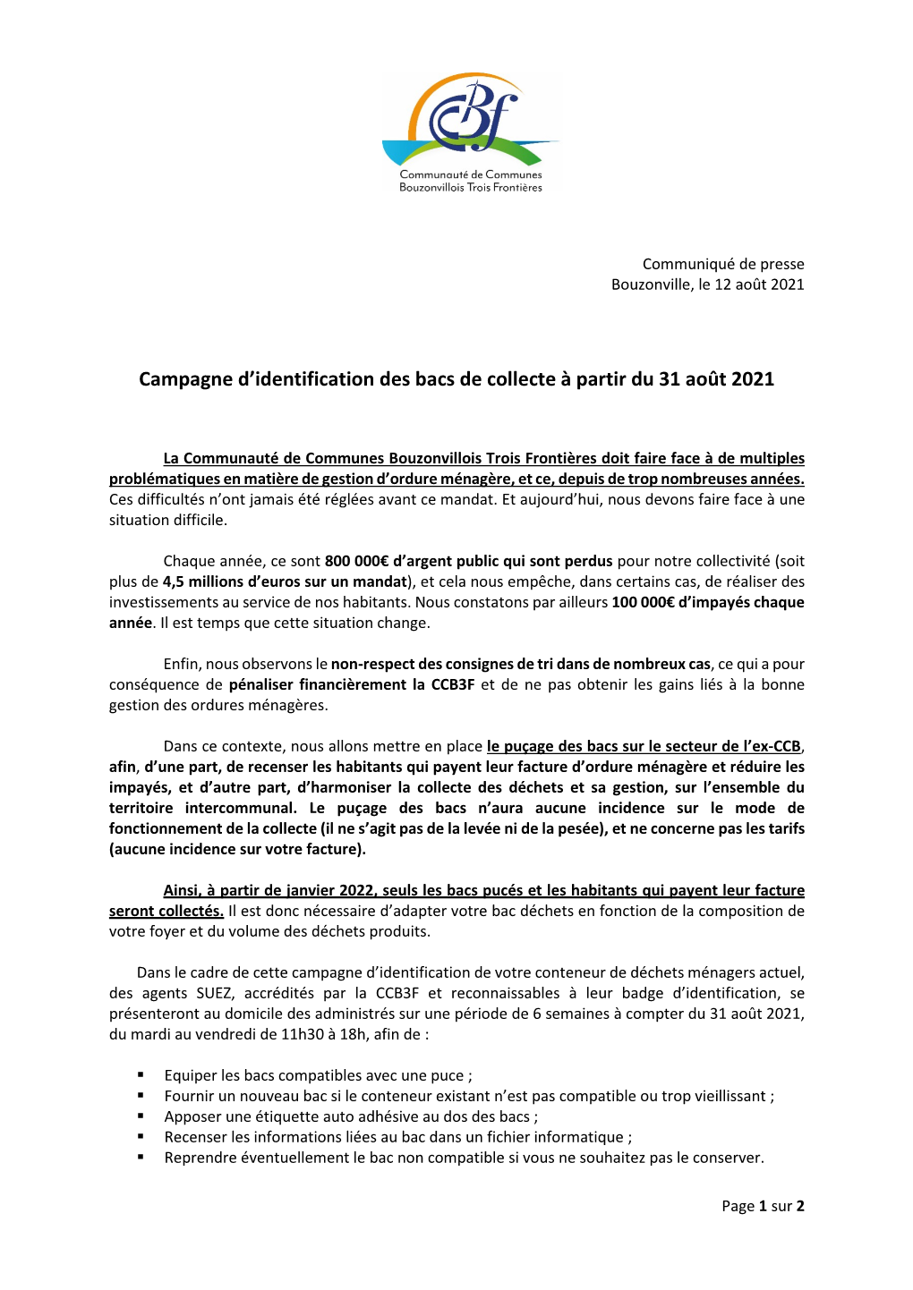 Campagne D'identification Des Bacs De Collecte À Partir Du 31 Août 2021