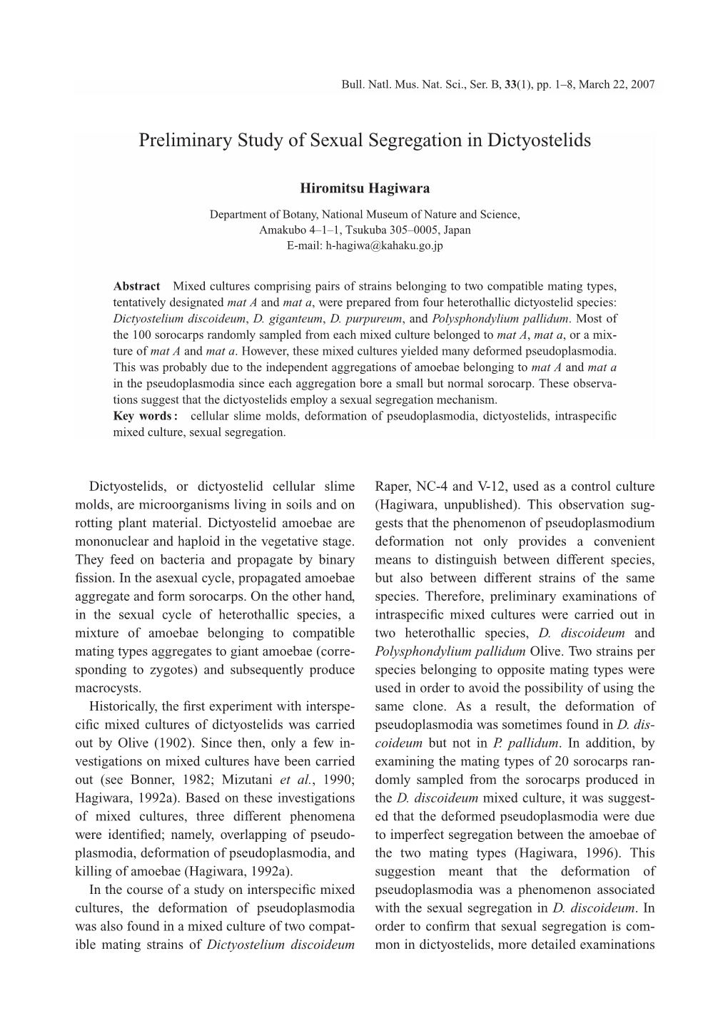 Preliminary Study of Sexual Segregation in Dictyostelids